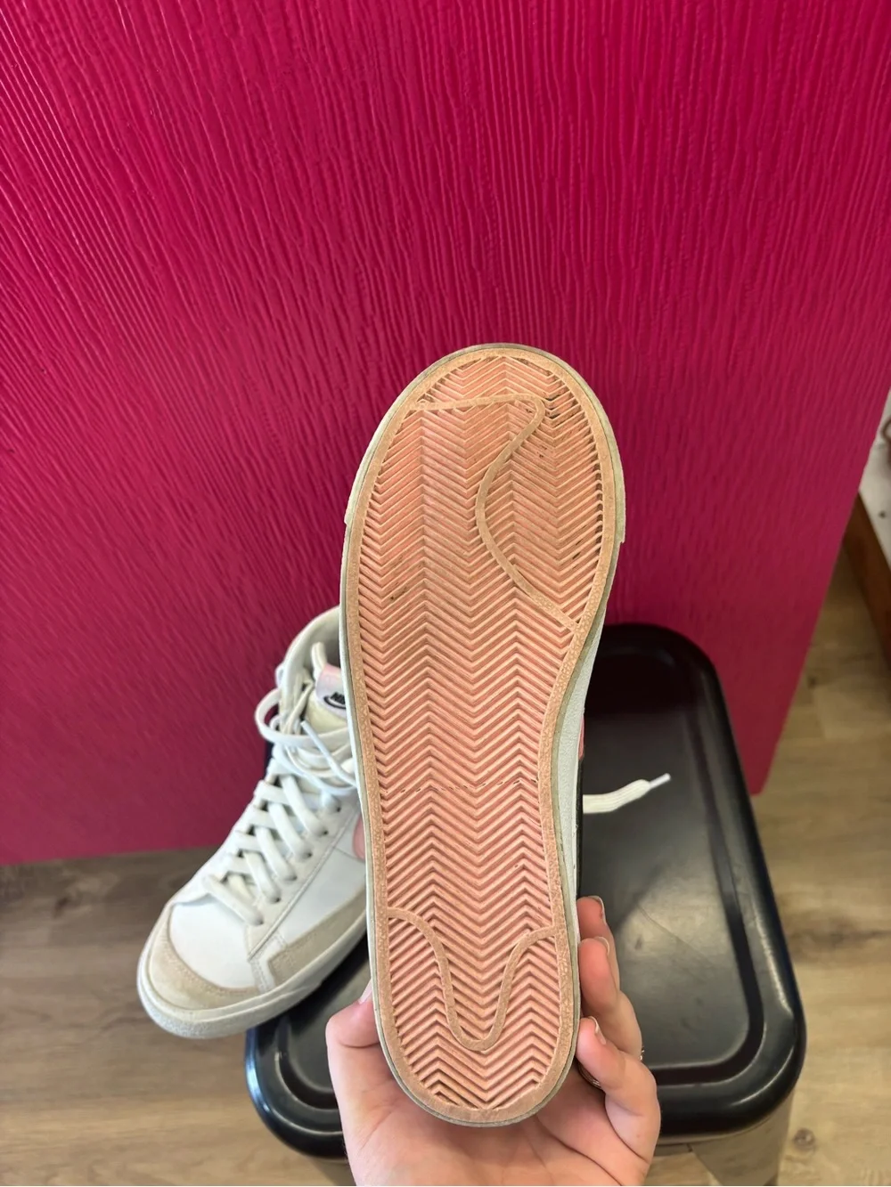Nike Cream High-Top Sneakers with Pink & Black Swoosh